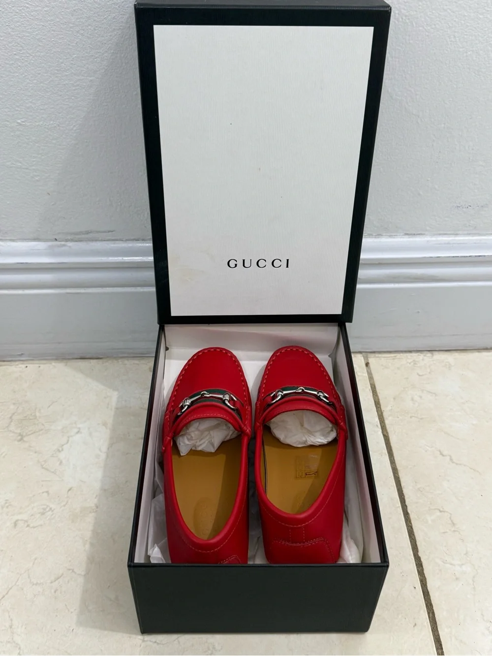 Gucci Kids Red Leather Driving Loafers with Silver Horsebit Size 30/12.5 NWT NIB